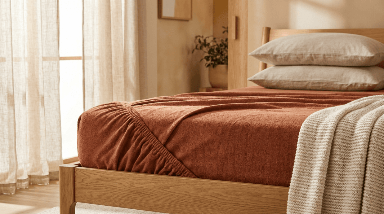 Bed Sheets — terracotta rust fitted sheet on wooden bed