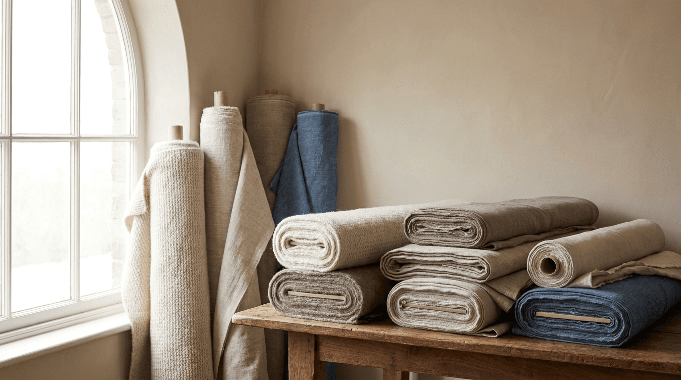 Fabrics — fabric rolls standing upright and stacked on table