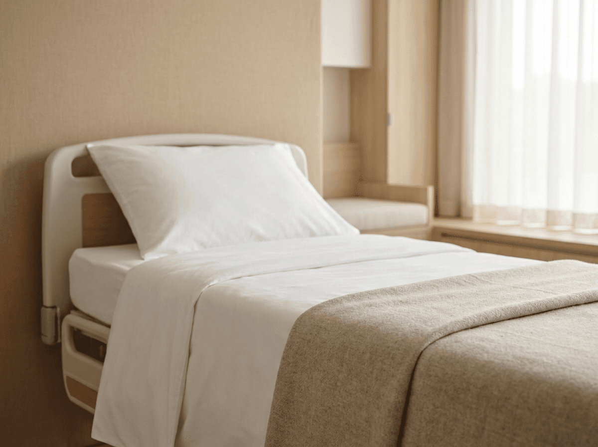 Institutional Textiles — clean hospital bed with white linen and blanket
