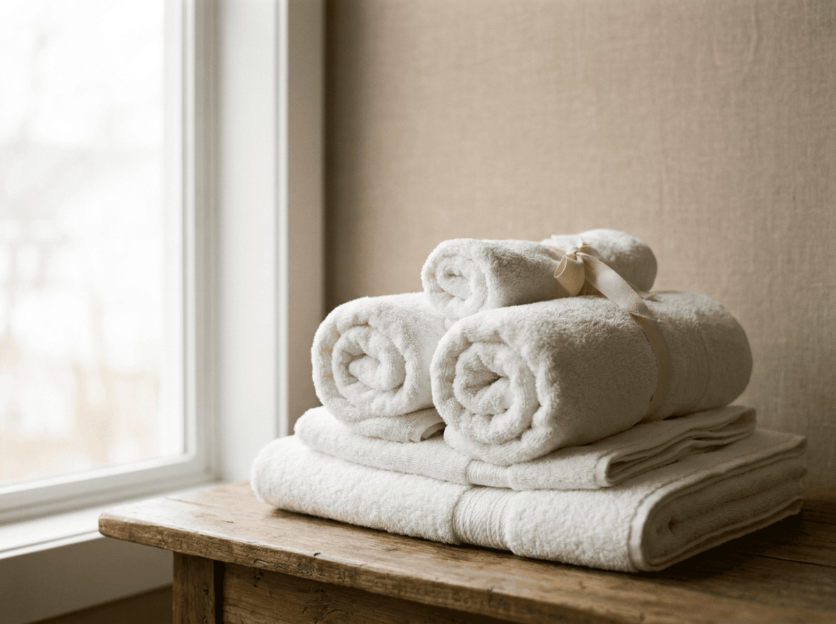 Towels — rolled and folded white bath and hand towels