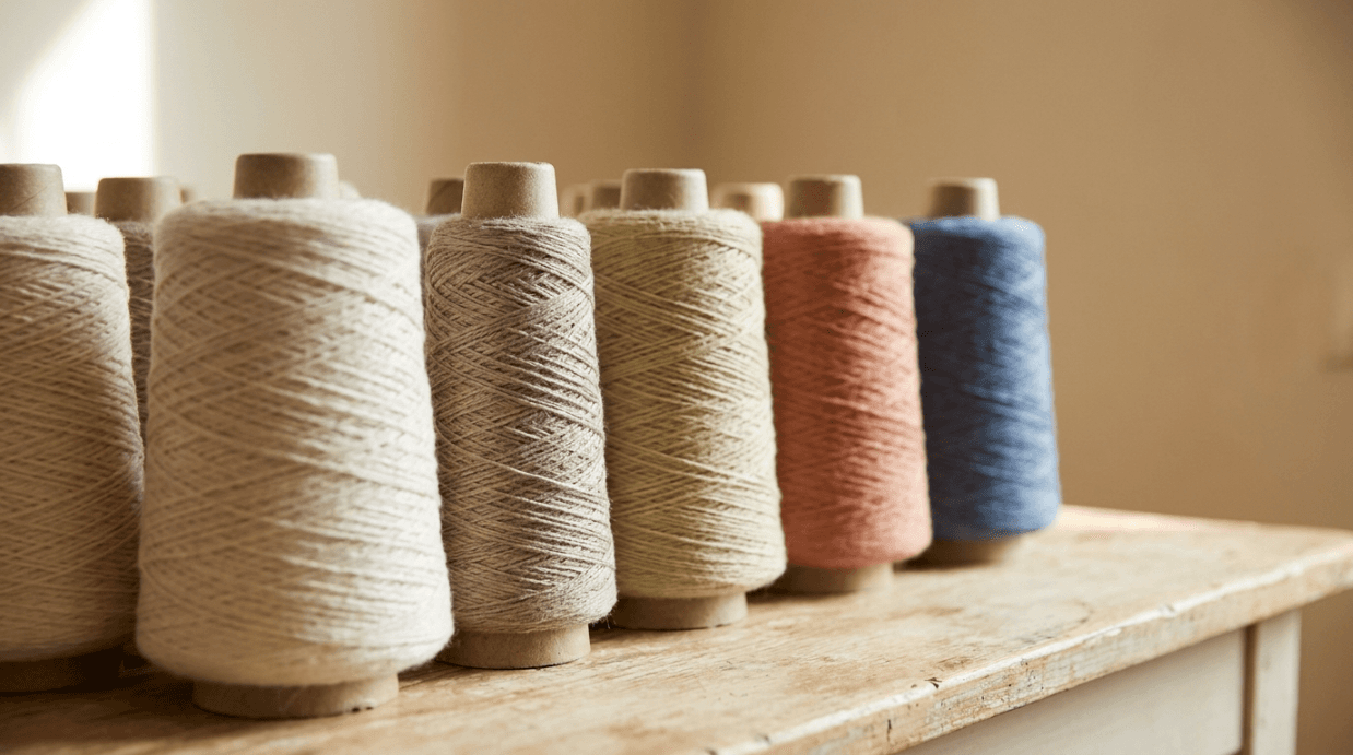Yarns — row of colorful yarn cones and spools on table