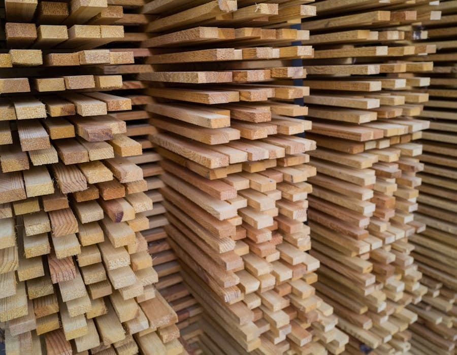 Stacked timber planks warehouse