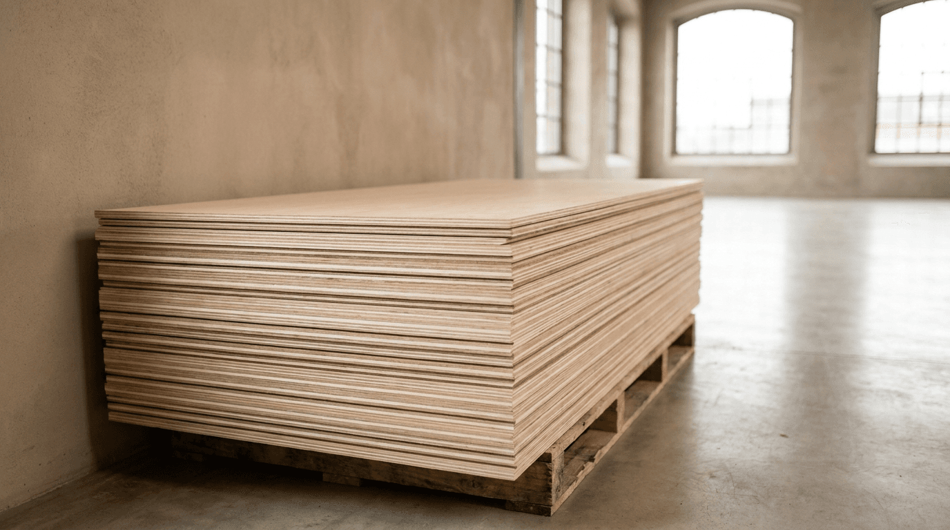 Sheets of plywood stacked at a warehouse