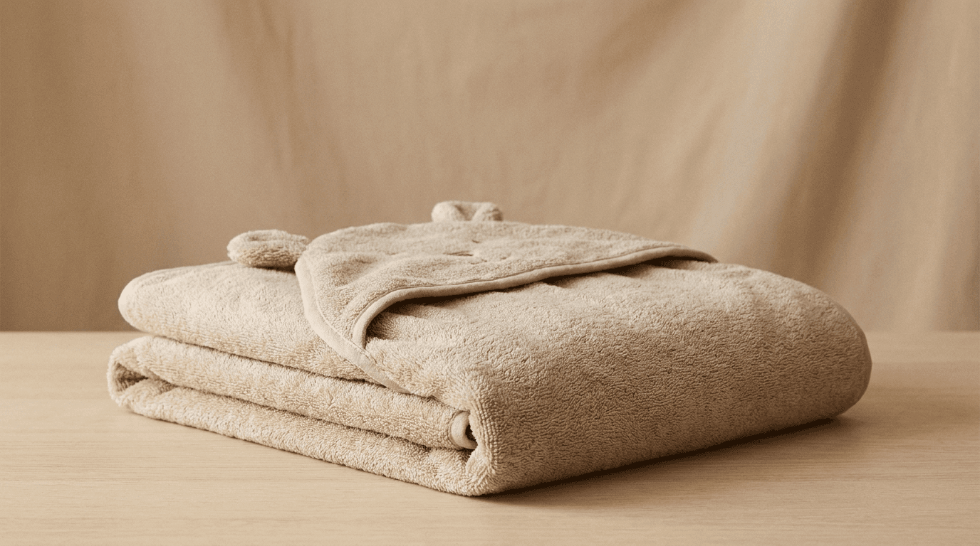 Tan folded hooded baby bath towel with ears
